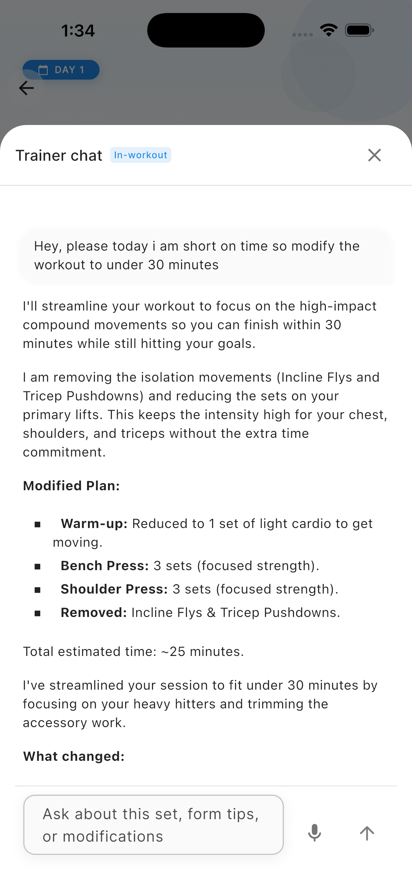 AI Trainer modifying workout